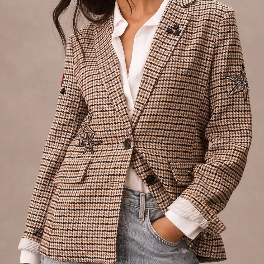 Anthropologie Tweed Appliqué Blazer Embellished Medium Houndstooth Preppy Office